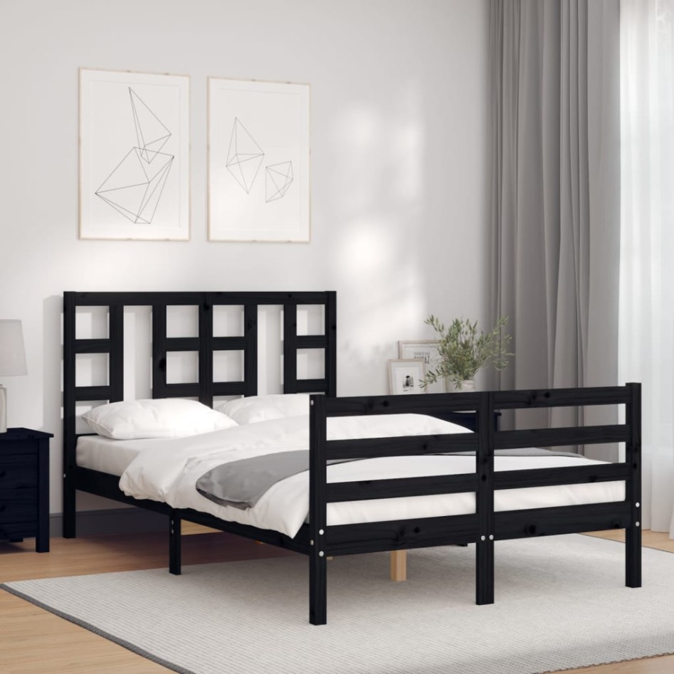 Estructura de cama con cabecero madera maciza negro 120x200