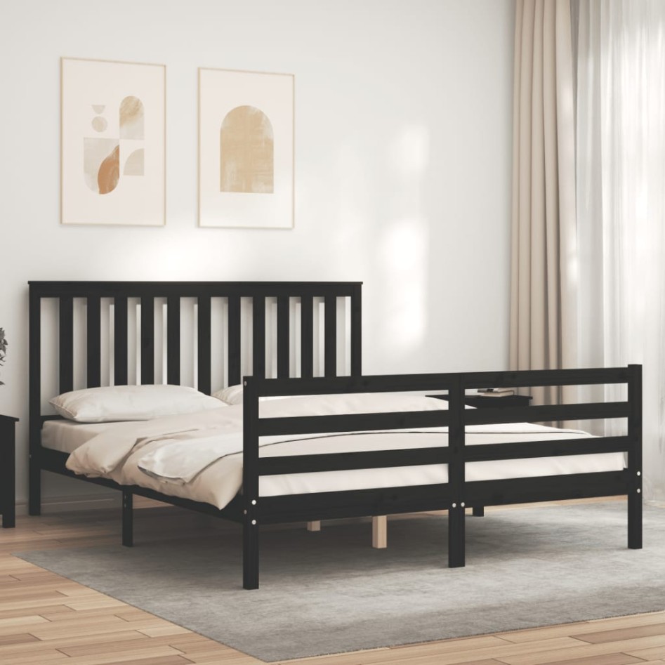 Estructura de cama con cabecero madera maciza negro 160x200