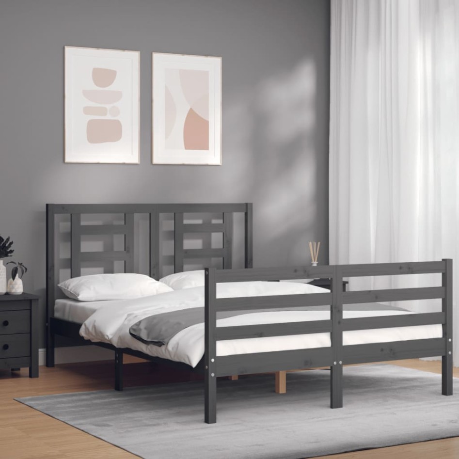 Estructura de cama con cabecero madera maciza gris 140x190