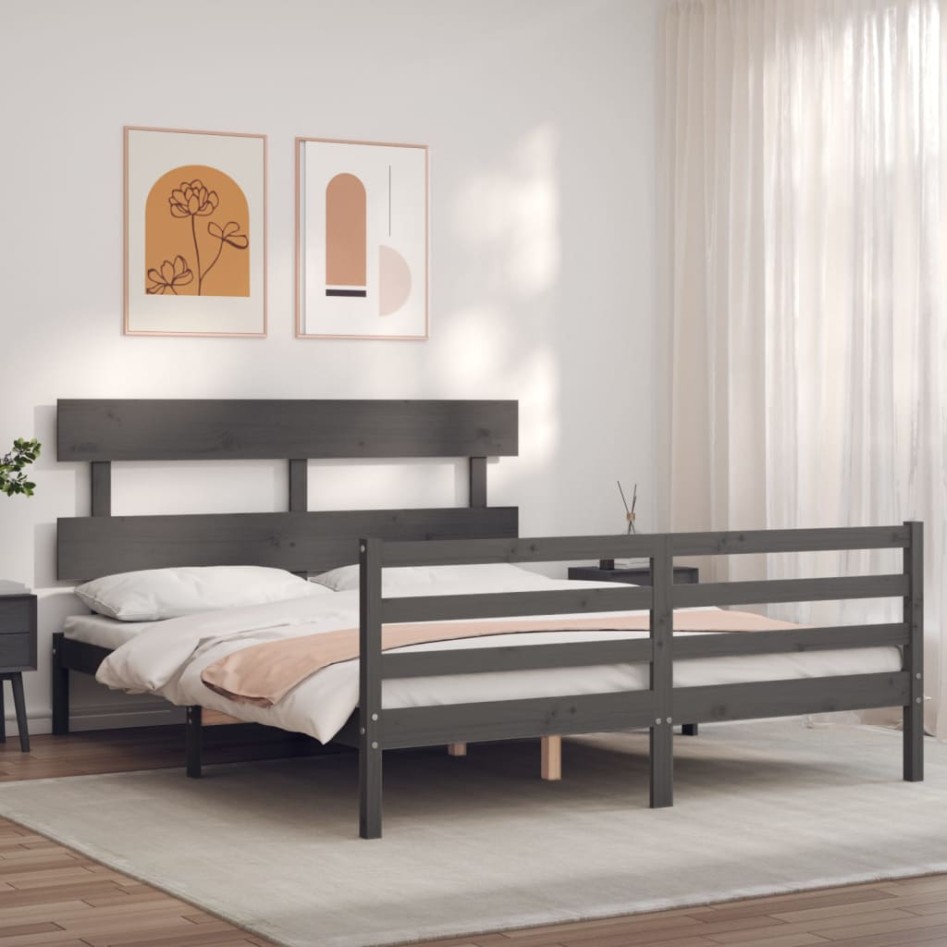 Estructura de cama con cabecero madera maciza gris 160x200