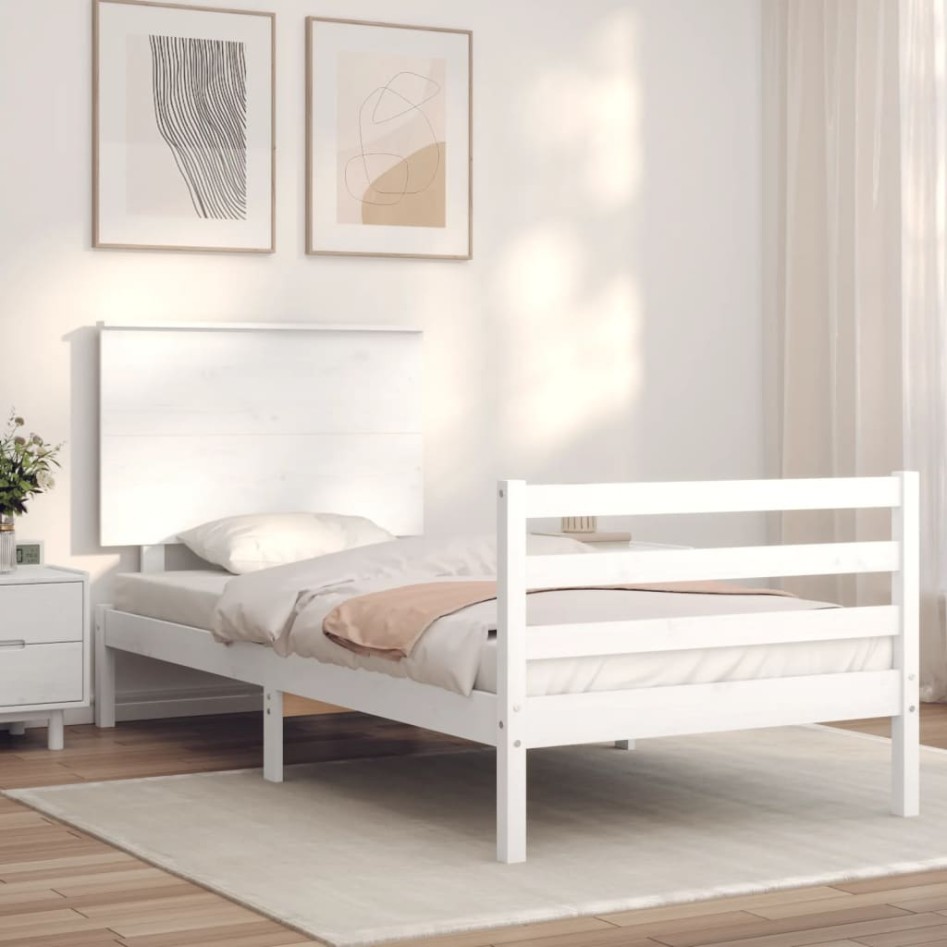 Estructura de cama con cabecero madera maciza blanco 90x200