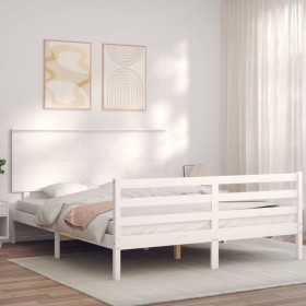 Estructura de cama con cabecero madera maciza blanco 160x200