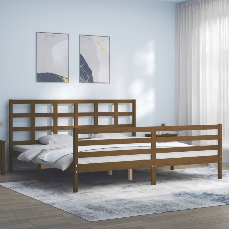 Estructura cama y cabecero madera maciza marrón miel 200x200