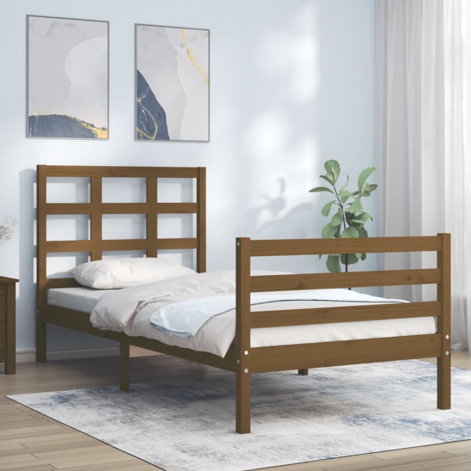 Estructura cama con cabecero madera maciza marrón miel