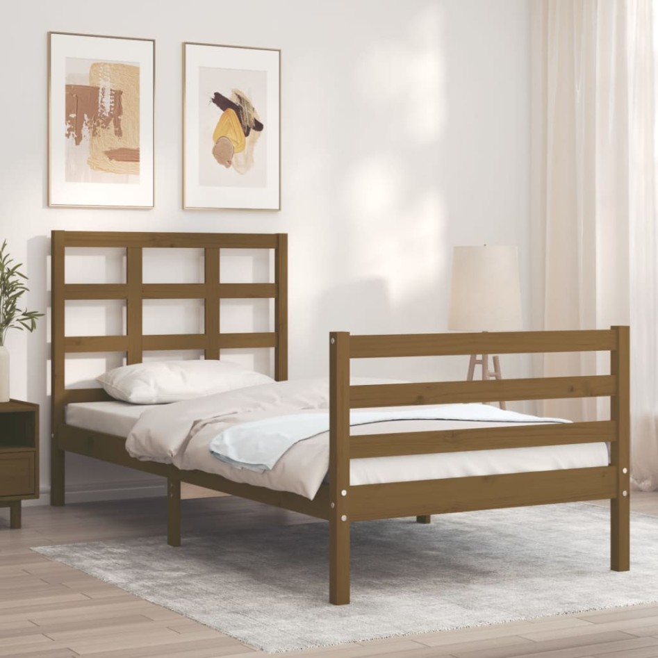 Estructura cama con cabecero madera maciza marrón miel