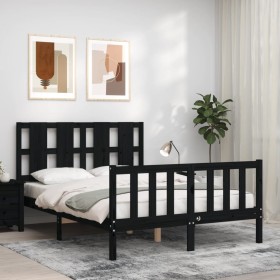 Estructura de cama con cabecero madera maciza negro 140x190