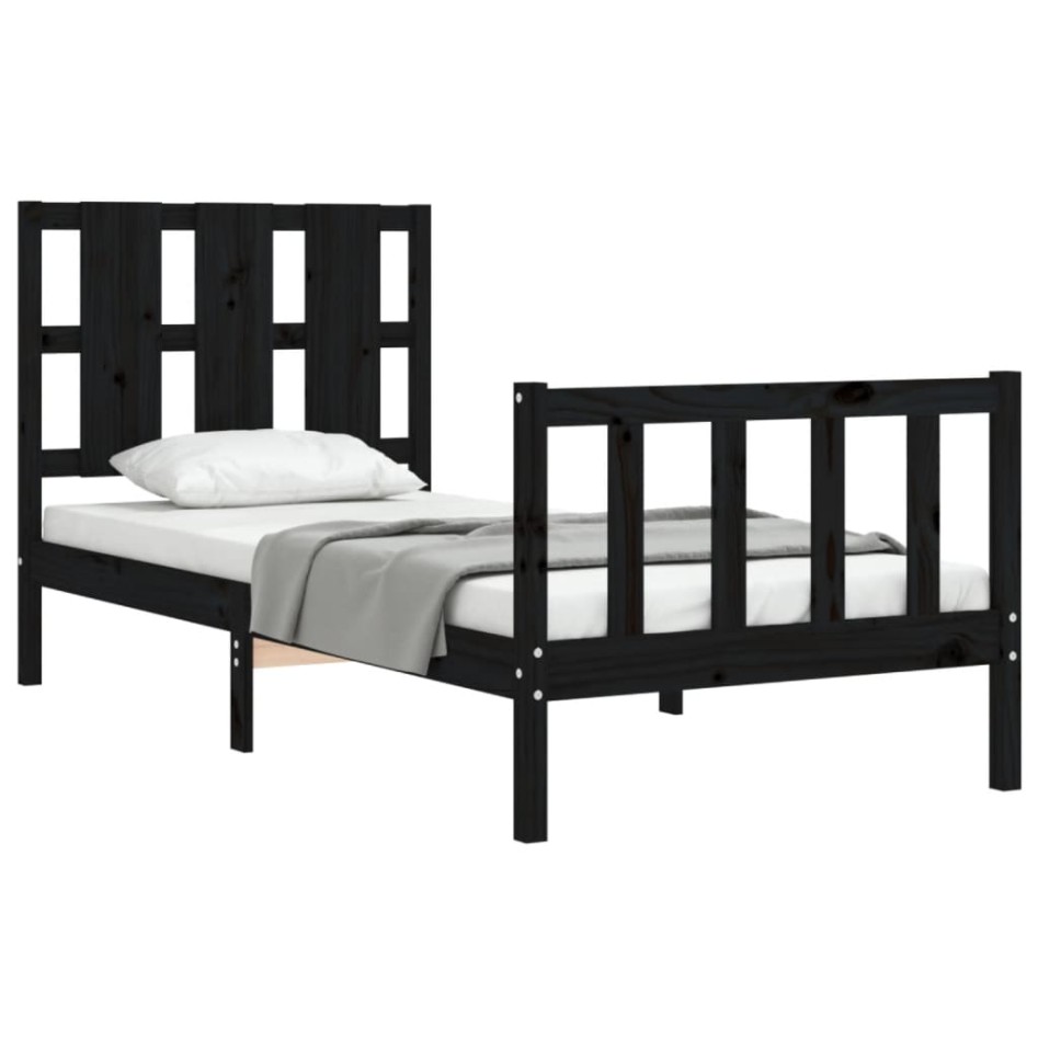Estructura de cama con cabecero madera maciza negro 90x200