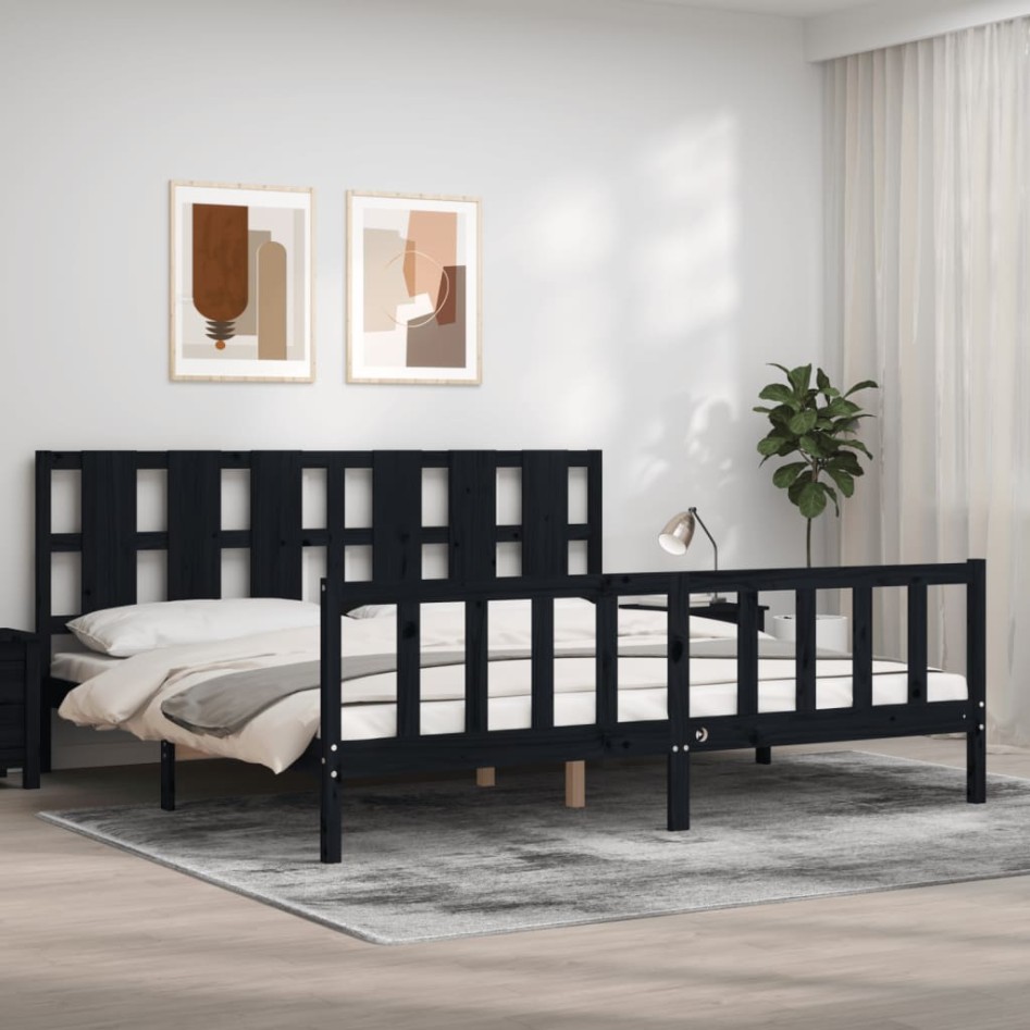 Estructura de cama con cabecero madera maciza negro 200x200