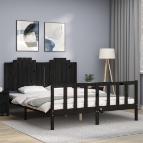 Estructura de cama con cabecero madera maciza negro 160x200