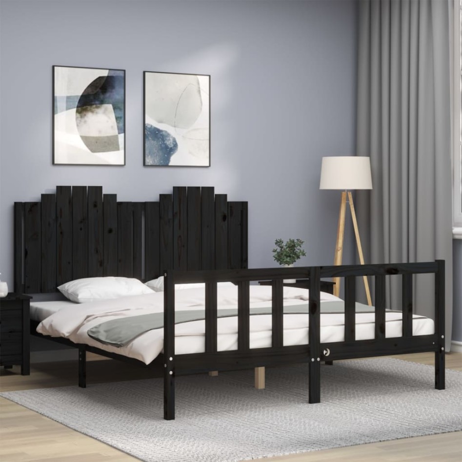 Estructura de cama con cabecero madera maciza negro 160x200