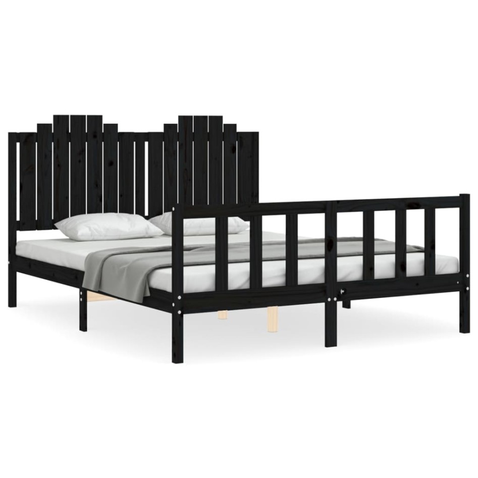 Estructura de cama con cabecero madera maciza negro 160x200