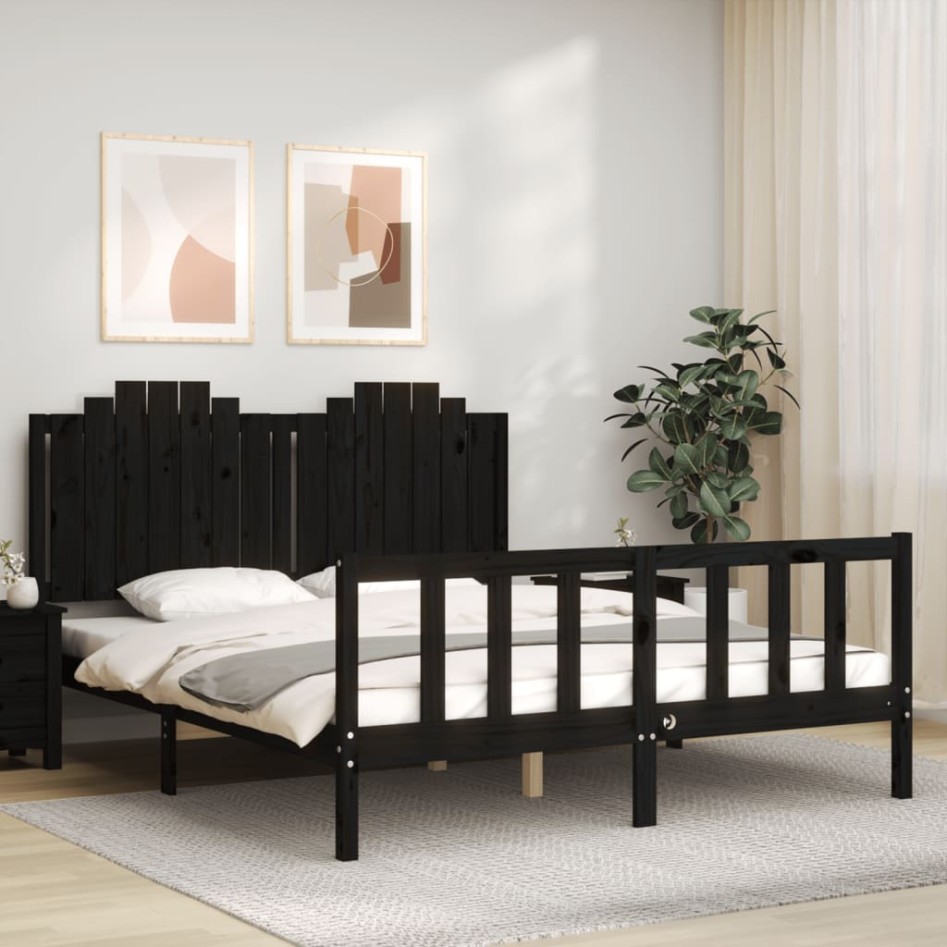 Estructura de cama con cabecero madera maciza negro 160x200