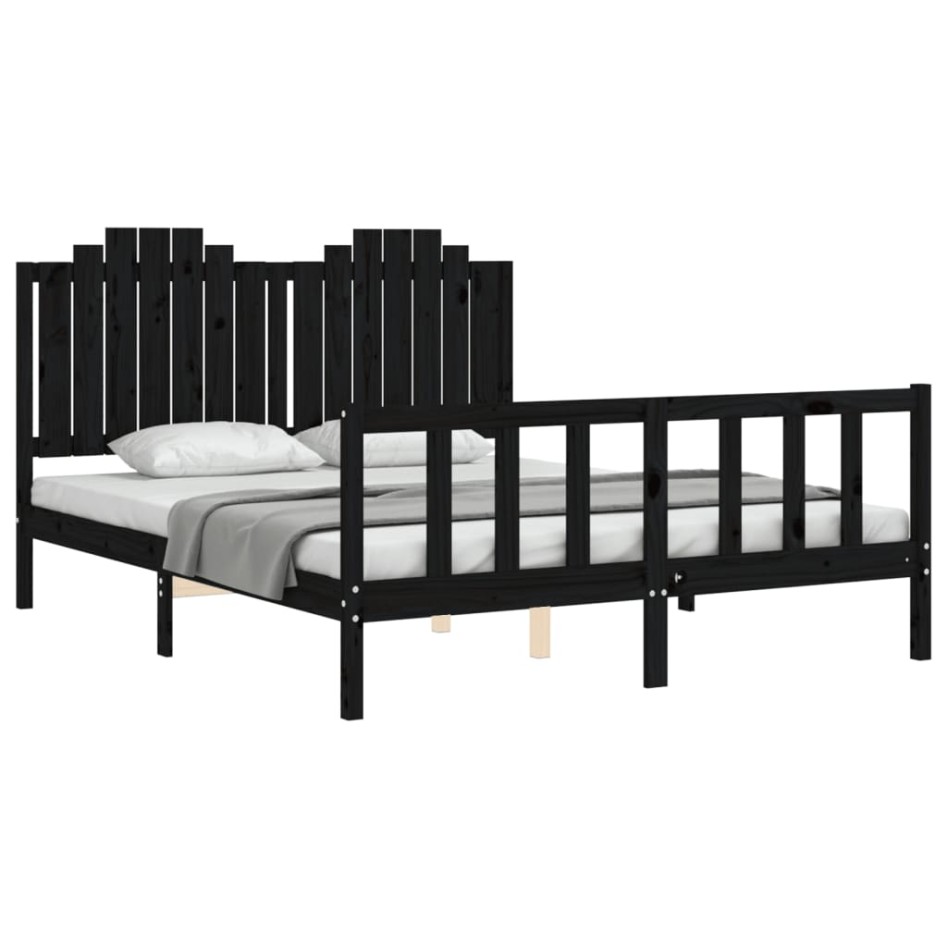 Estructura de cama con cabecero madera maciza negro 160x200