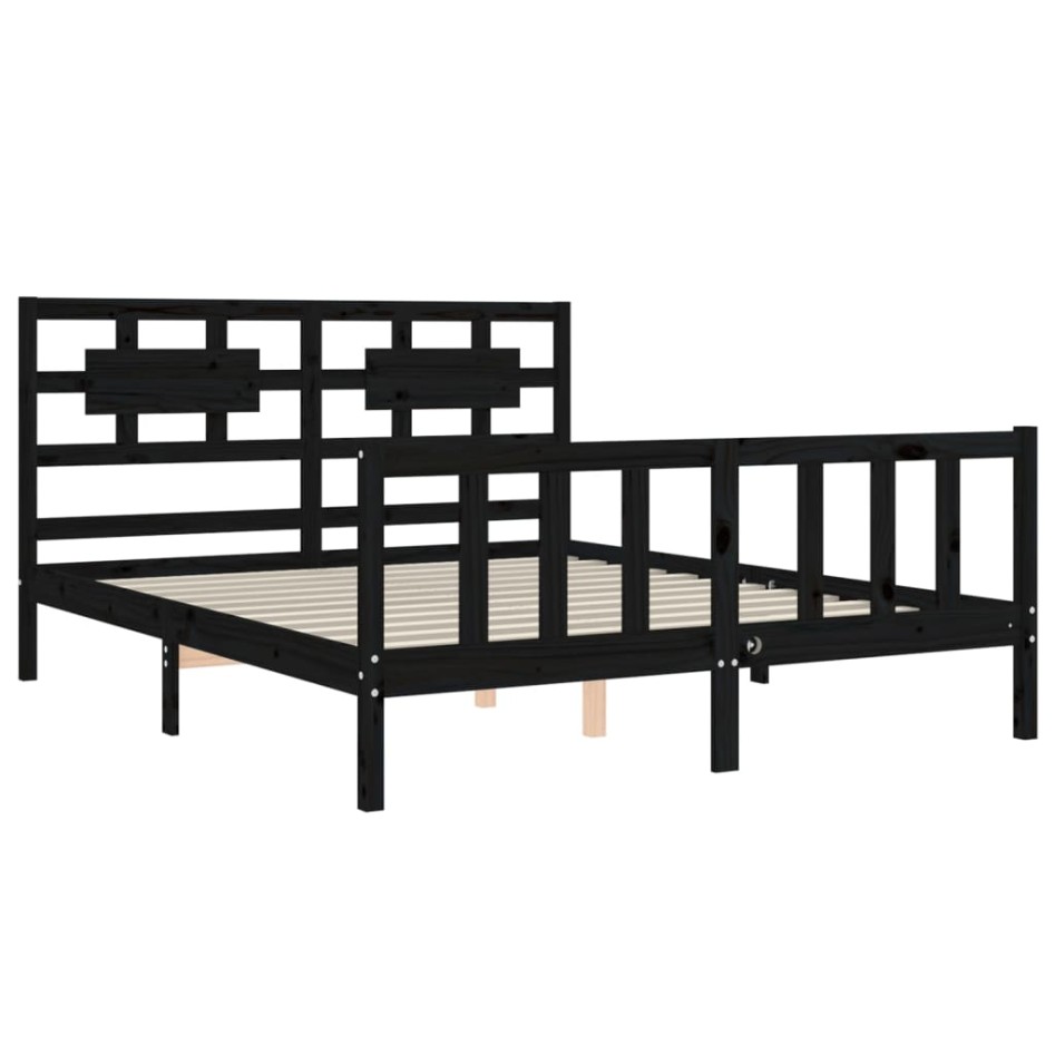 Estructura de cama con cabecero madera maciza negro 160x200