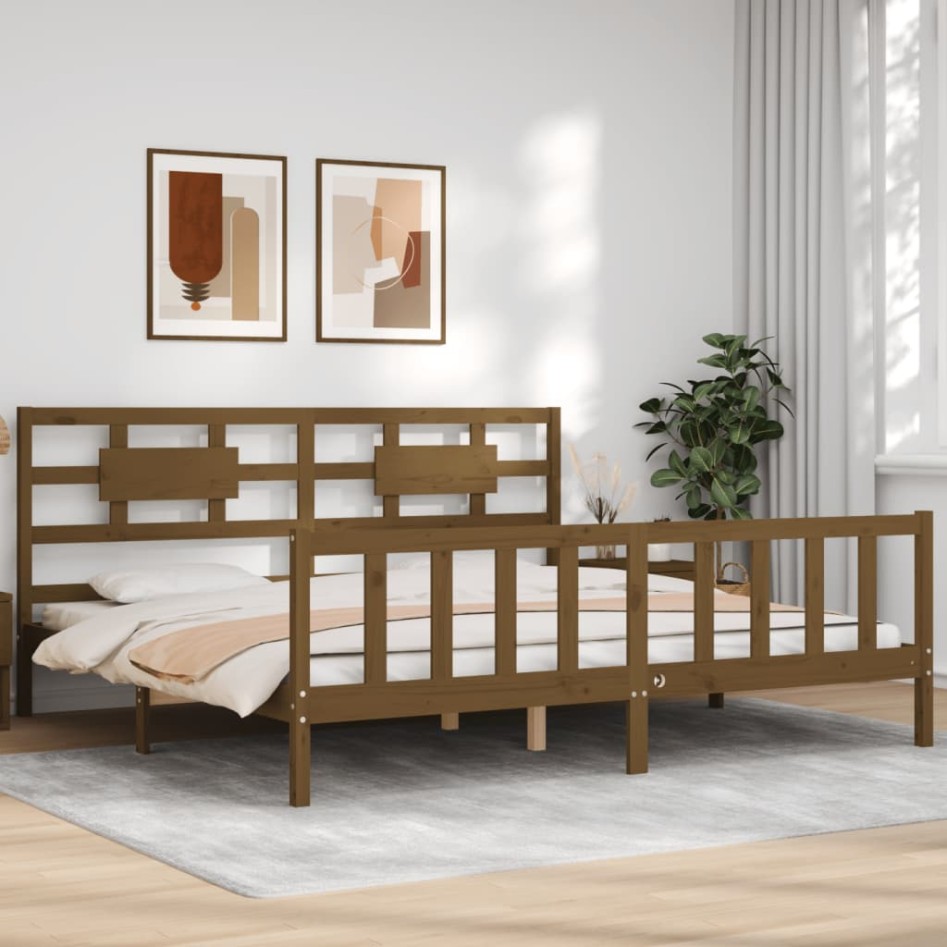 Estructura cama y cabecero madera maciza marrón miel 200x200
