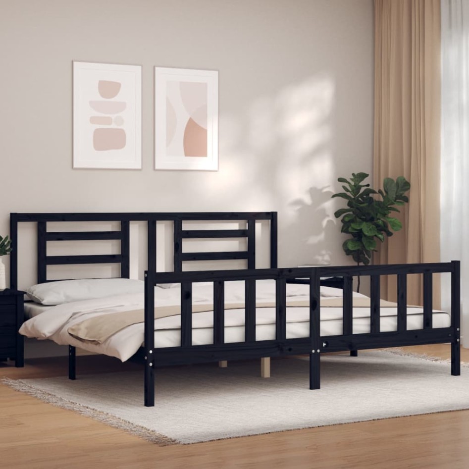 Estructura de cama con cabecero madera maciza negro 200x200