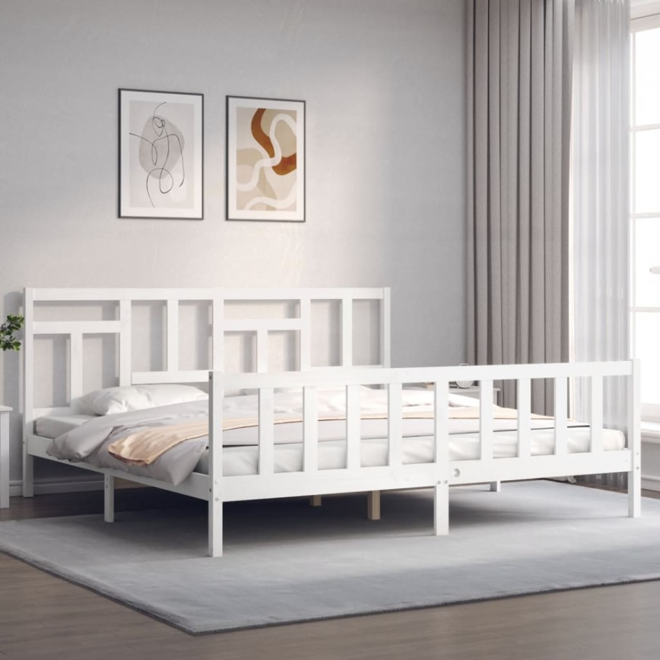 Estructura de cama con cabecero madera maciza blanco 200x200