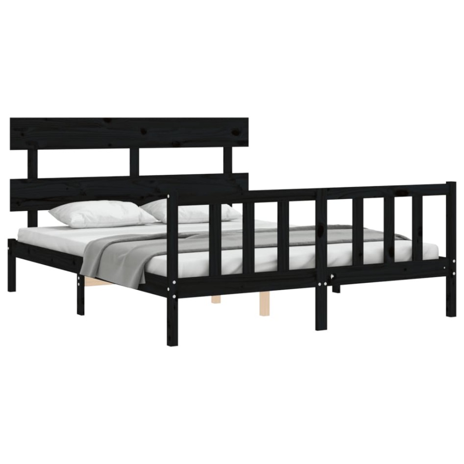 Estructura de cama con cabecero madera maciza negro 160x200