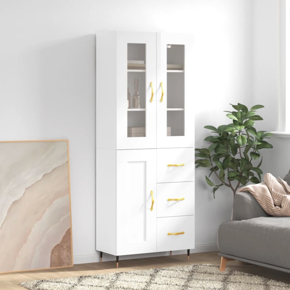 Aparador alto madera contrachapada blanco brillo 69,5x34x180
