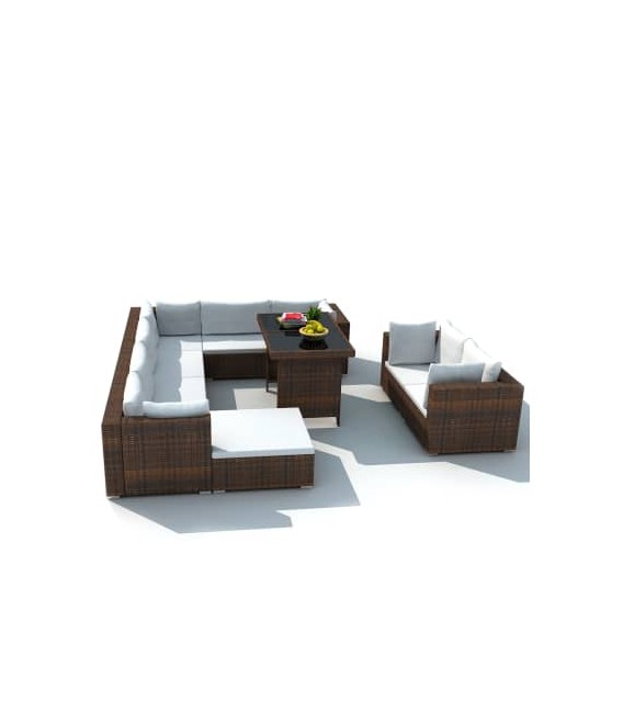 Set muebles de jardín 10 piezas y cojines ratán sintético marrón, Modelo Teki