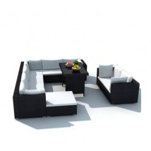 Set muebles de jardín 10 piezas y cojines ratán sintético negro, Modelo Neki