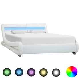 Estructura de cama con LED cuero sintético blanco 140x200