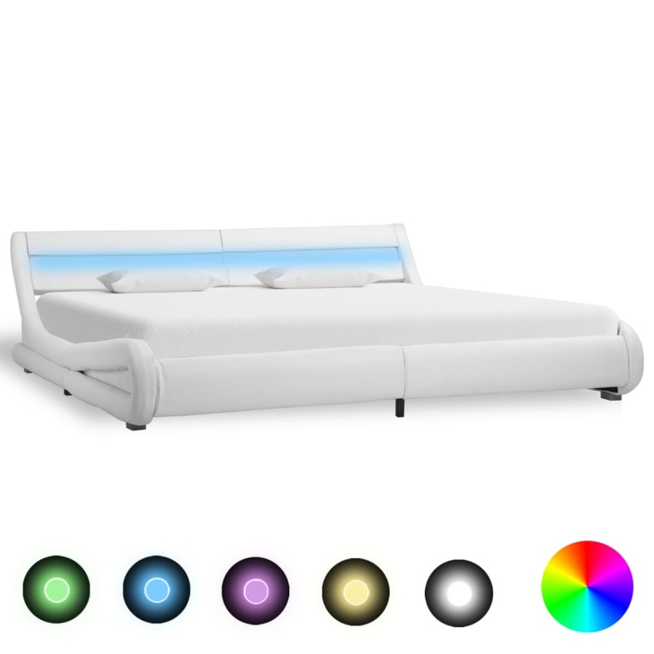 Estructura de cama con LED de cuero sintético blanco 180x200