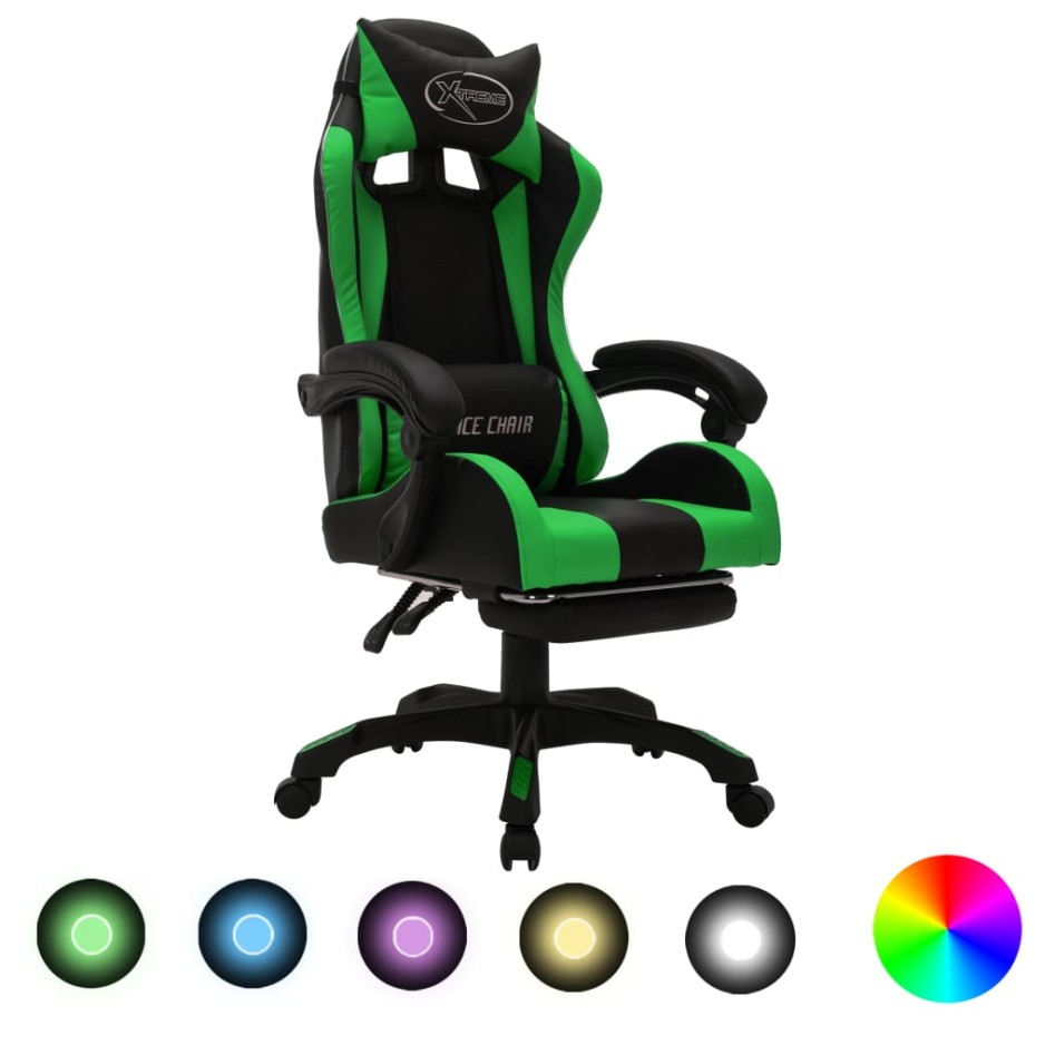Silla gaming con luces LED RGB cuero sintético verde y