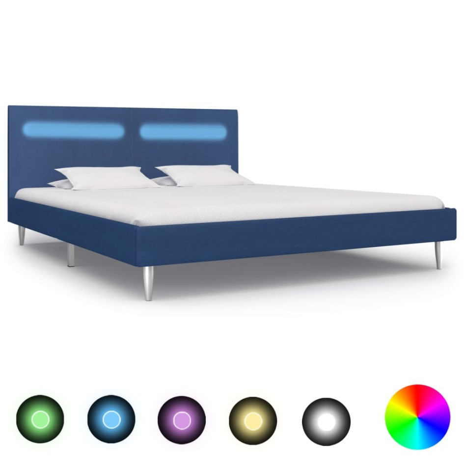 Estructura de cama con LED tela azul 180x200