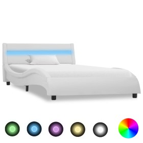 Estructura de cama con LED cuero sintético blanco 90x200