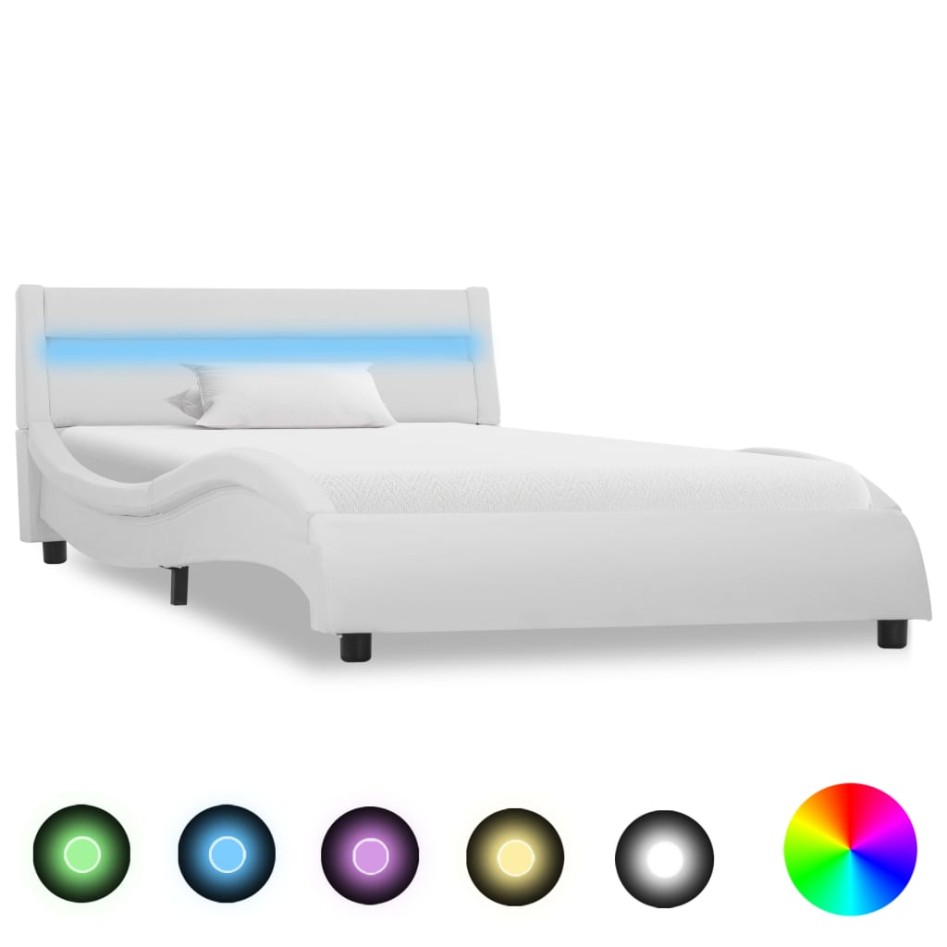 Estructura de cama con LED cuero sintético blanco 90x200