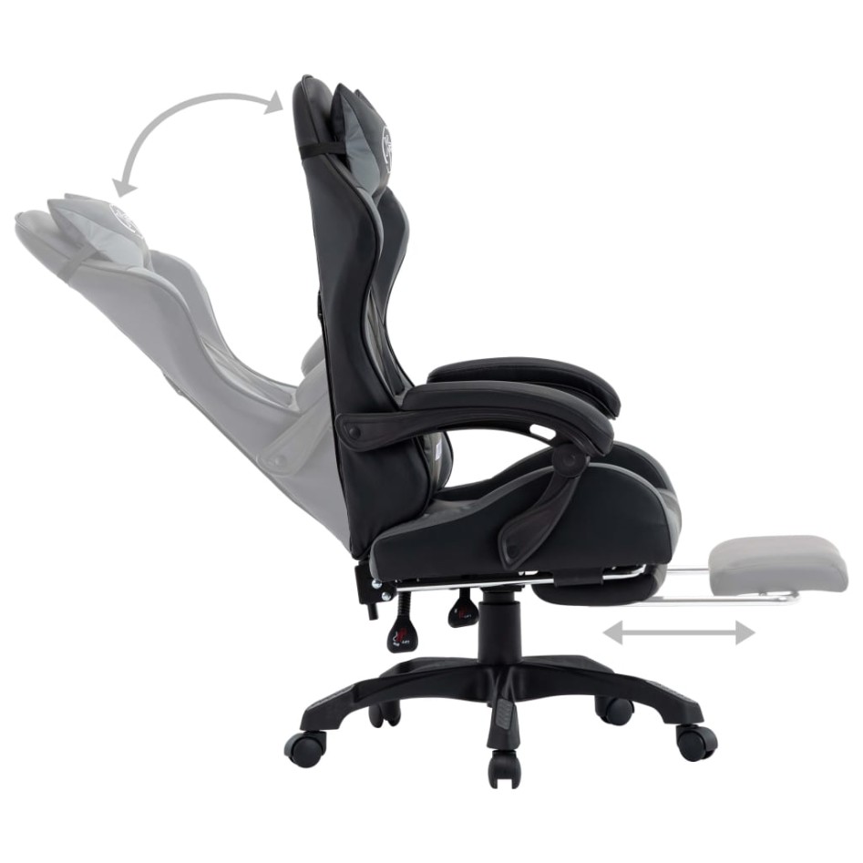 Silla gaming con reposapiés cuero sintético gris y