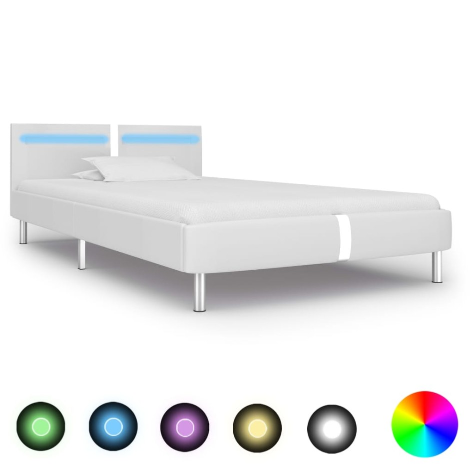 Estructura de cama con LED de cuero sintético blanco 90x200