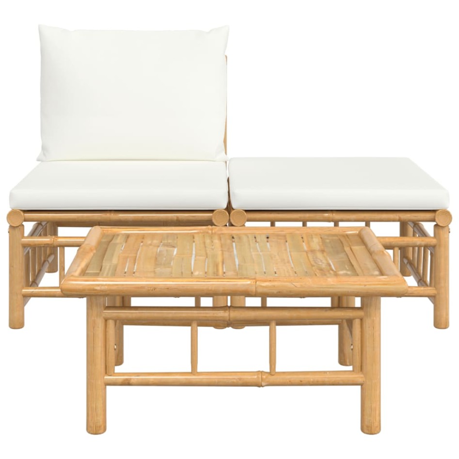 Set de muebles de jardín 3 piezas bambú y cojines blanco