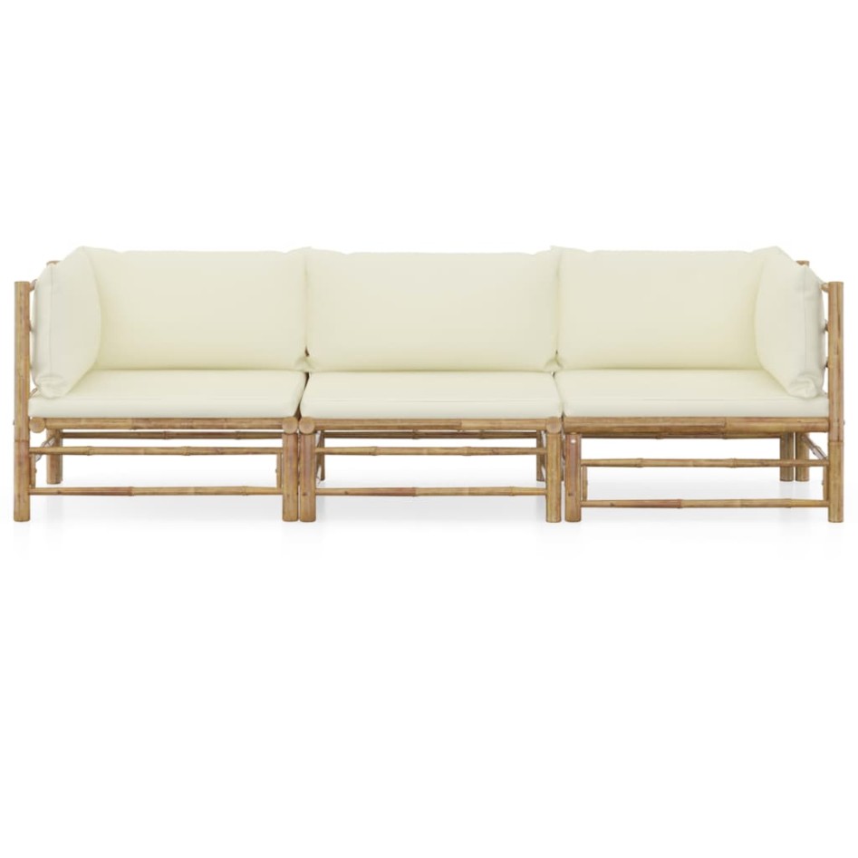 Set de muebles de jardín 3 piezas bambú y cojines blanco