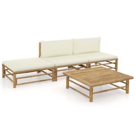 Set de muebles de jardín 4 piezas bambú y cojines blanco