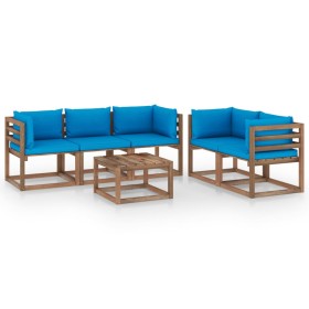 Juego de muebles de jardín 6 piezas con cojines azul