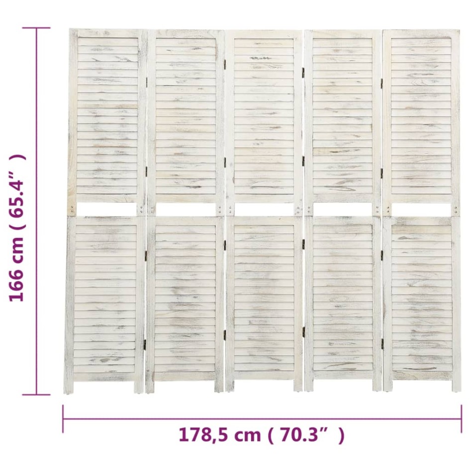 Biombo de 5 paneles madera maciza blanco envejecido