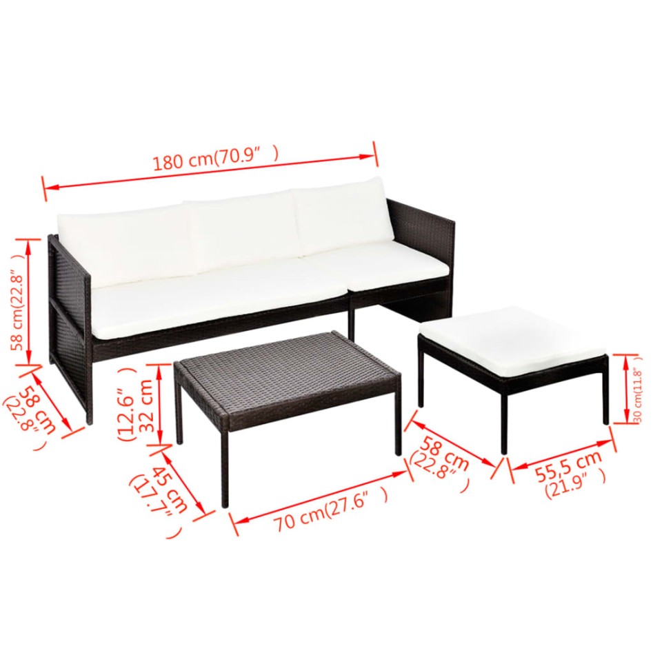 Set muebles de jardín 3 pzas y cojines ratán sintético
