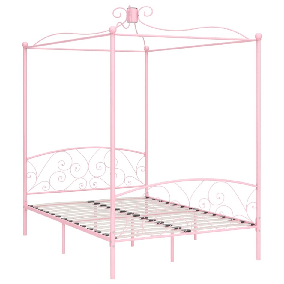 Estructura de cama con dosel metal rosa 140x200