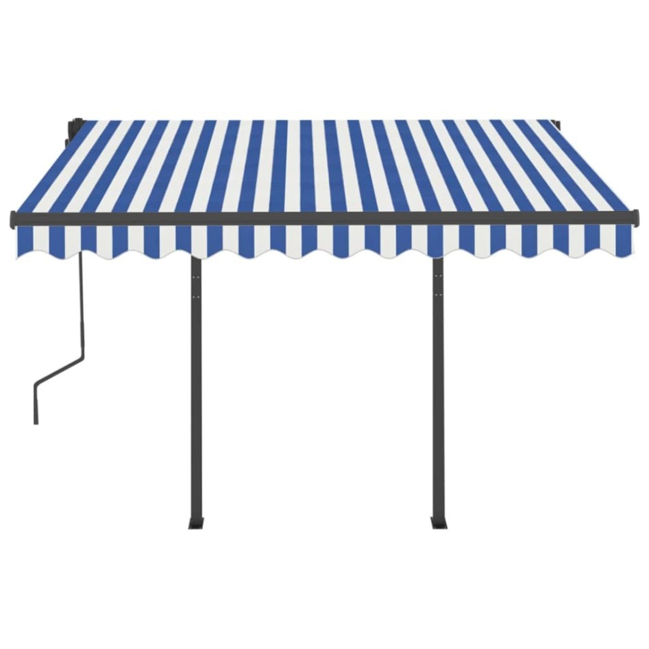 Toldo manual retráctil con postes azul y blanco 3,5x2,5