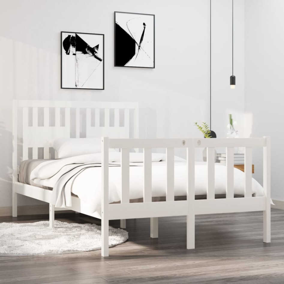 Estructura de cama doble pequeña madera maciza blanca
