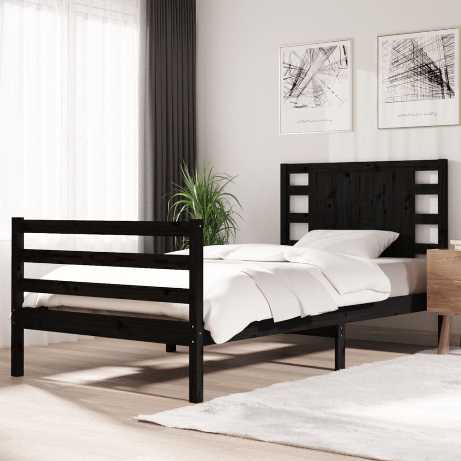 Estructura de cama madera maciza de pino negra 90x200