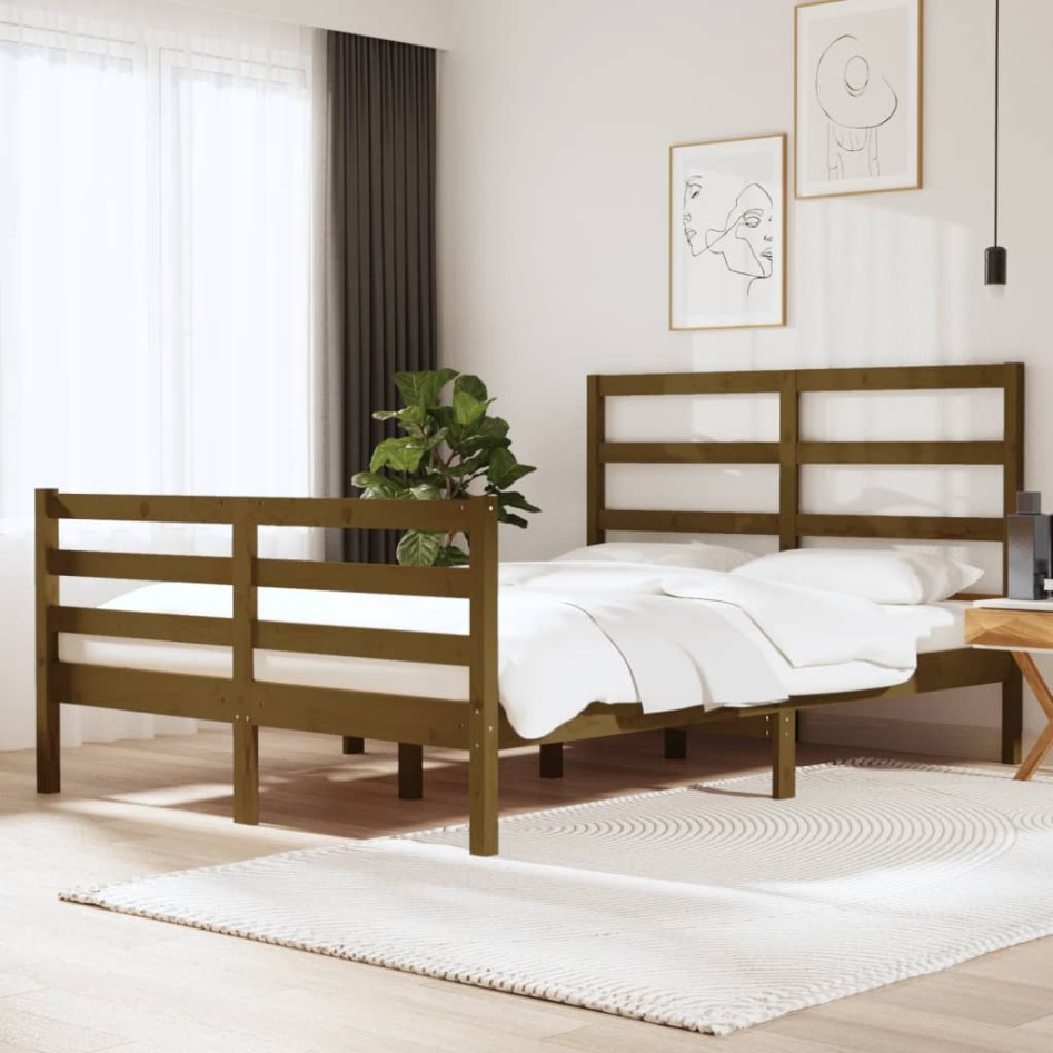 Estructura cama madera maciza marrón miel King Size 150x200