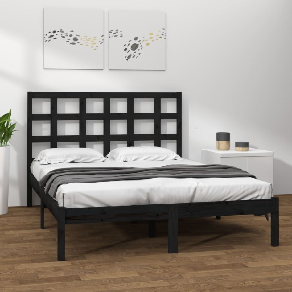 Estructura de cama de madera maciza de pino negra 200x200