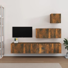 Set de muebles de TV 4 pzas madera contrachapada roble