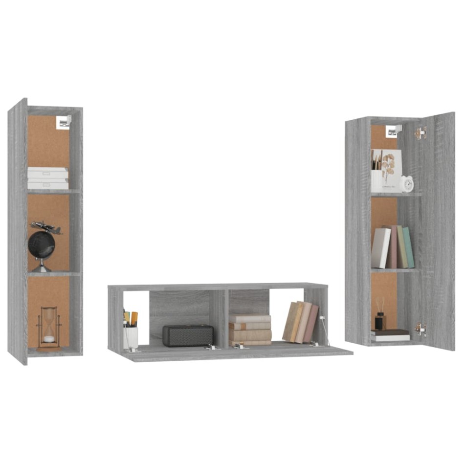 Set de muebles para TV 3 pzas madera contrachapada gris
