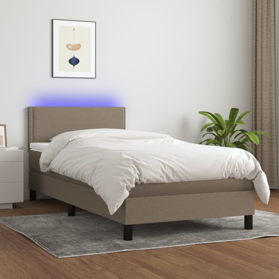 Cama box spring colchón y luces LED tela gris taupe 90x200