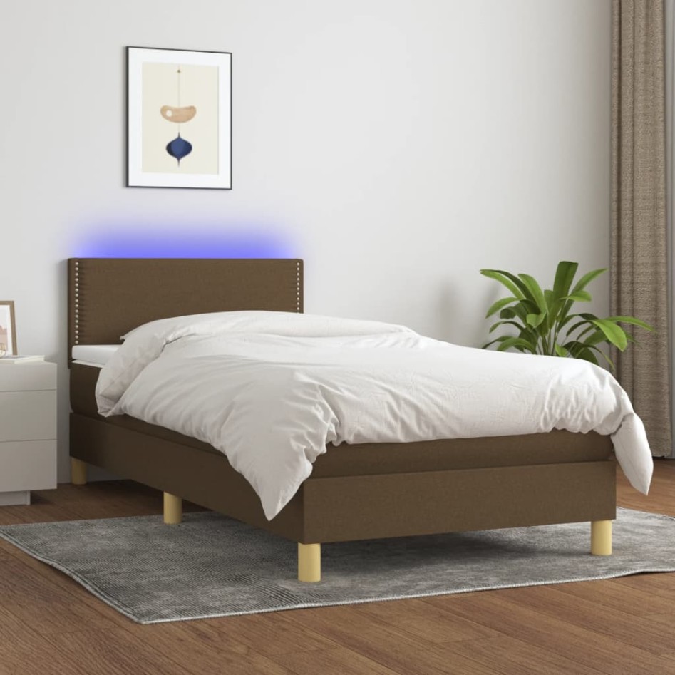 Cama box spring con colchón LED tela marrón oscuro 90x200