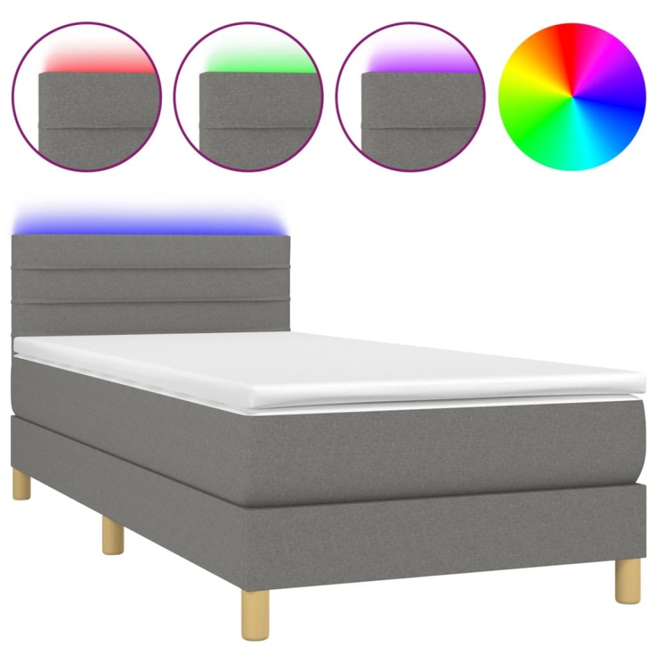 Cama box spring con colchón y LED tela gris oscuro 80x200